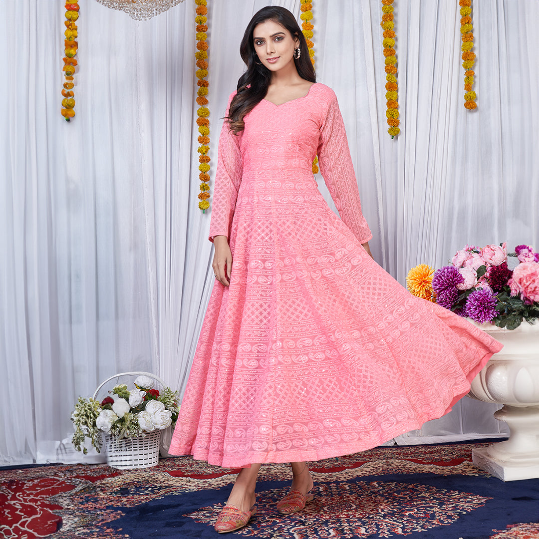Peach Lucknowi embroidered georgette Anarkali gown, a graceful and delicately designed traditional ensemble.