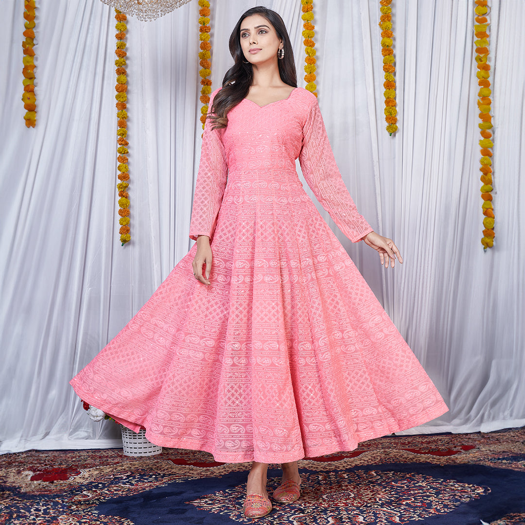 Peach Lucknowi embroidered georgette Anarkali gown, a graceful and delicately designed traditional ensemble.