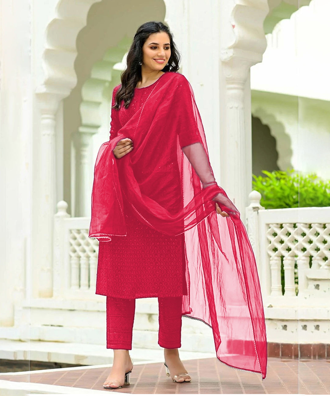 Pink Chikankari Suit Set with matching Dupatta, showcasing intricate embroidery