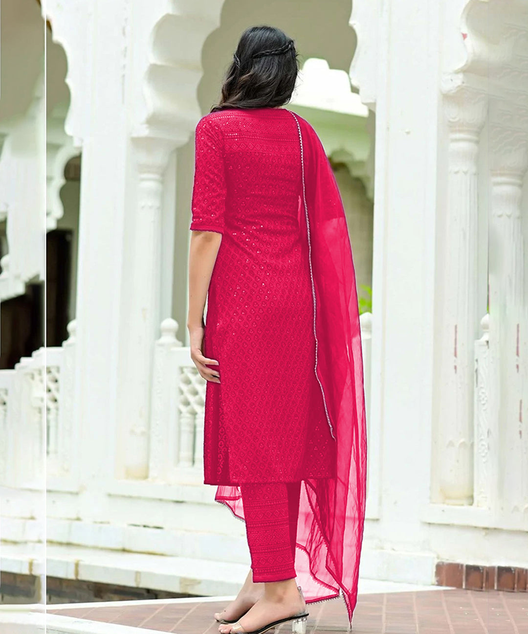 Pink Chikankari Suit Set with matching Dupatta, showcasing intricate embroidery