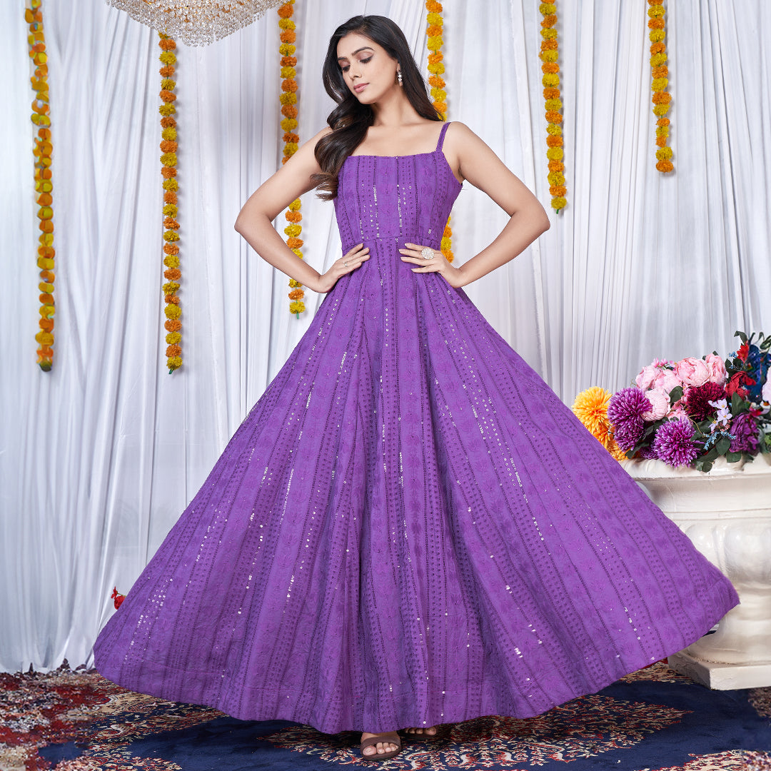 Purple Chikankari embroidered Anarkali gown, an elegant and intricately designed traditional outfit.