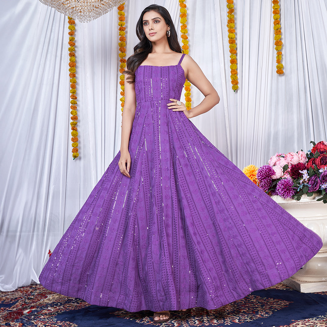 Purple Chikankari embroidered Anarkali gown, an elegant and intricately designed traditional outfit.