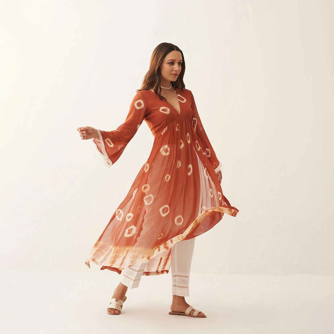 Coral Dyed Bandhej Printed Flared Long Kurta Set