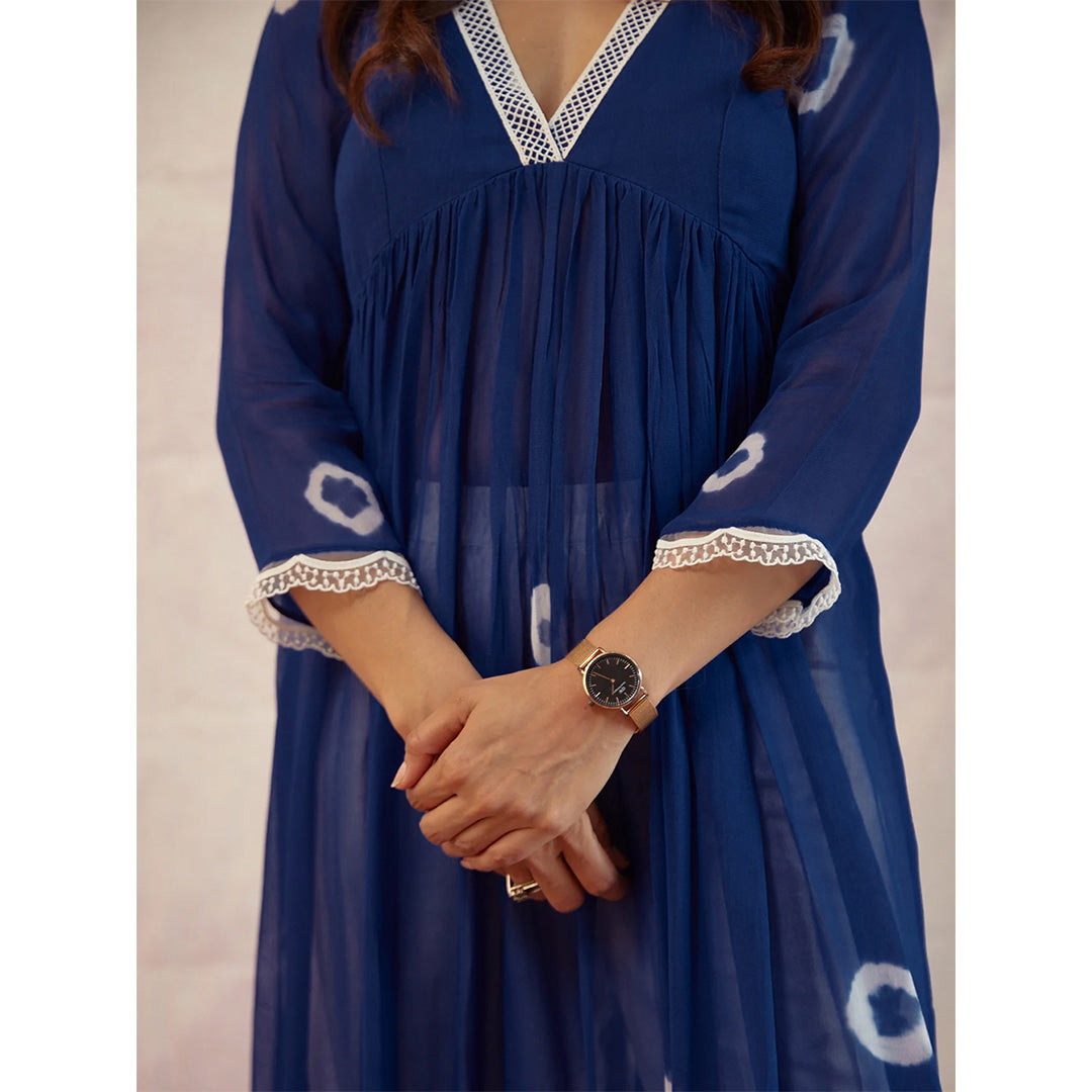 Navy Blue Bandhej Printed Flared Long Kurta Set