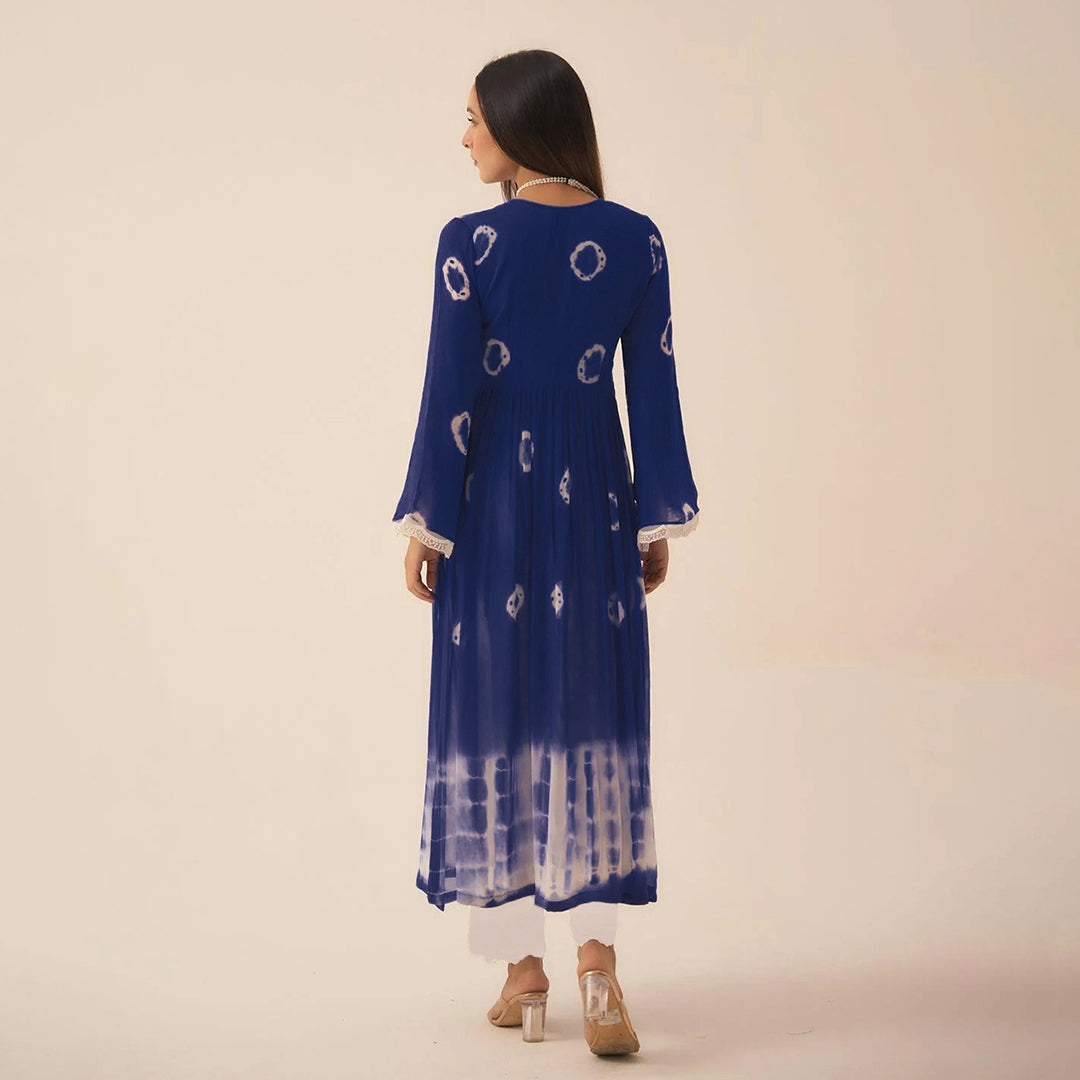 Navy Blue Bandhej Printed Flared Long Kurta Set