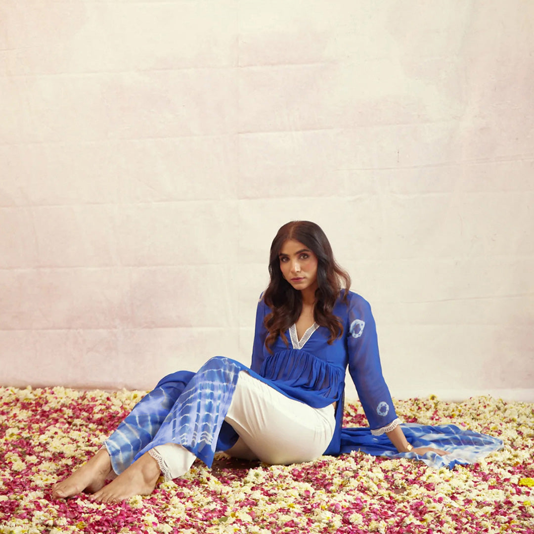Royal Blue Dyed Bandhej Printed Flared Long Kurta Set