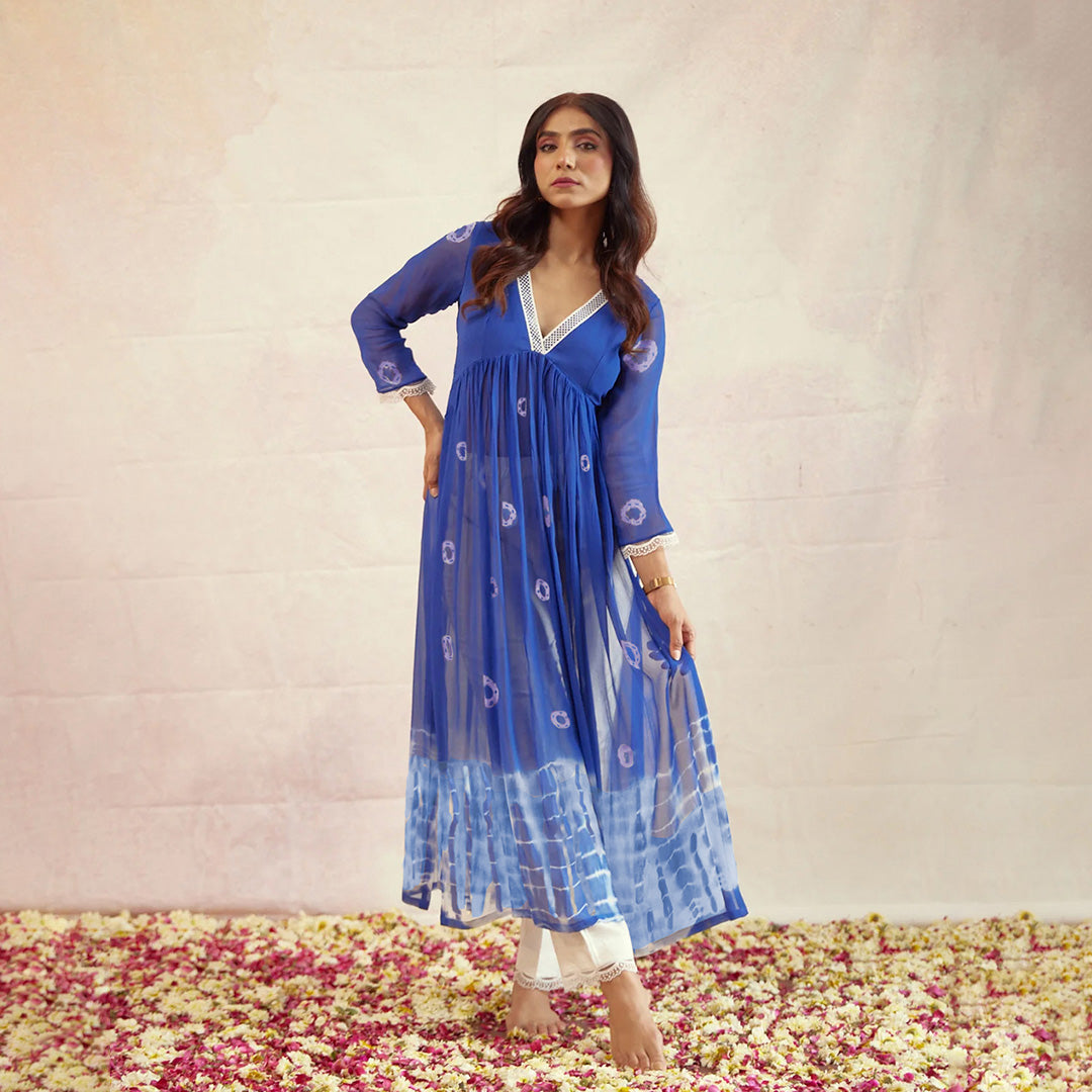 Royal Blue Dyed Bandhej Printed Flared Long Kurta Set