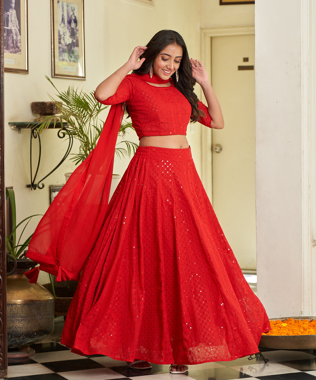 Red A-line Lucknowi Chikankari Work Stitched Lehenga Choli