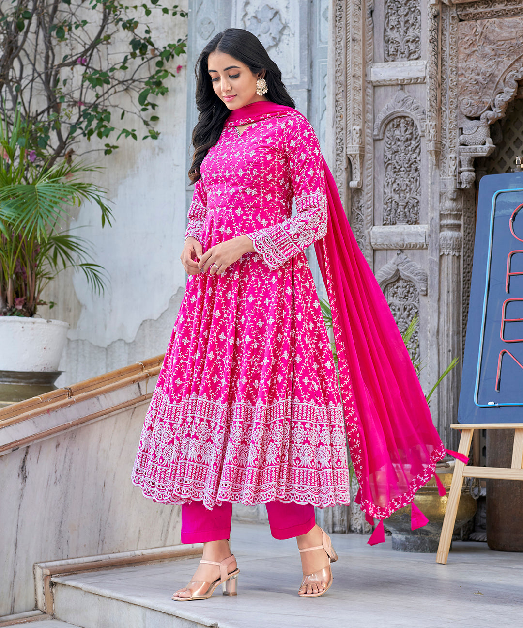 A charming Roseate Pink Chikankari Suit Set, adorned with exquisite chikankari embroidery for a soft and elegant appearance.