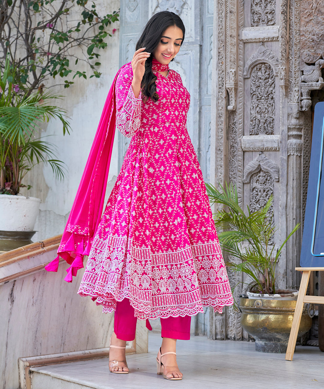 A charming Roseate Pink Chikankari Suit Set, adorned with exquisite chikankari embroidery for a soft and elegant appearance.