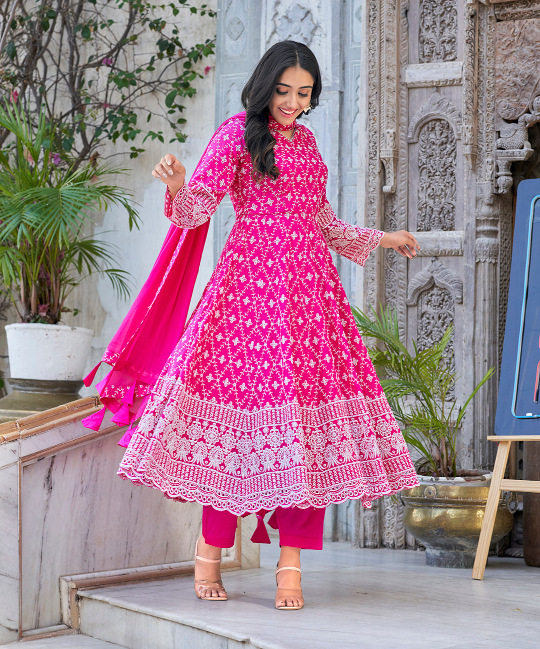A charming Roseate Pink Chikankari Suit Set, adorned with exquisite chikankari embroidery for a soft and elegant appearance.