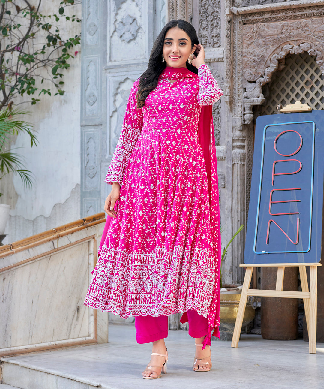 A charming Roseate Pink Chikankari Suit Set, adorned with exquisite chikankari embroidery for a soft and elegant appearance.