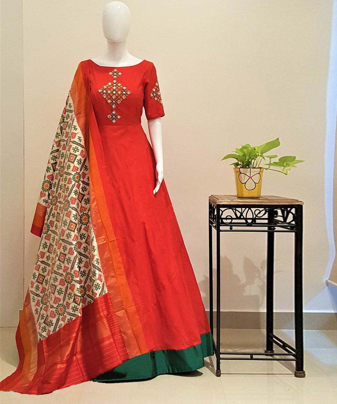 Sparkling Foil Mirror Work Tafeta Silk Readymade Gown