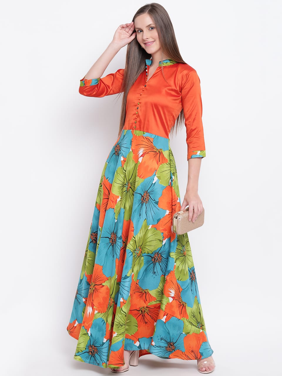 A captivating classic gown featuring a vibrant digital print in a kaleidoscope of colors.
