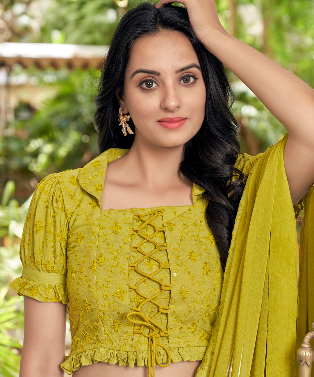 A vibrant Sunset Yellow Rayon Lehenga Set, perfect for adding a pop of color with its stylish design and comfortable fabric.