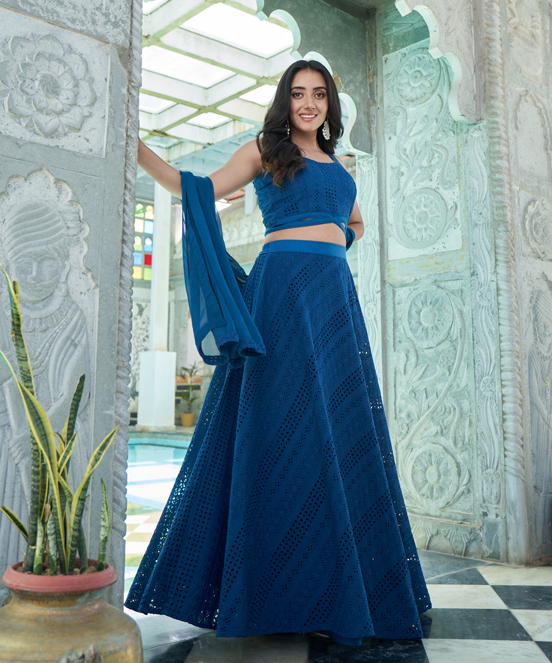 Teal rayon lehenga set with matching dupatta, showcasing a rich color and elegant design