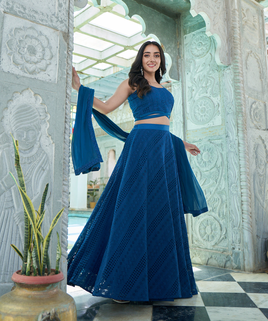 Teal rayon lehenga set with matching dupatta, showcasing a rich color and elegant design