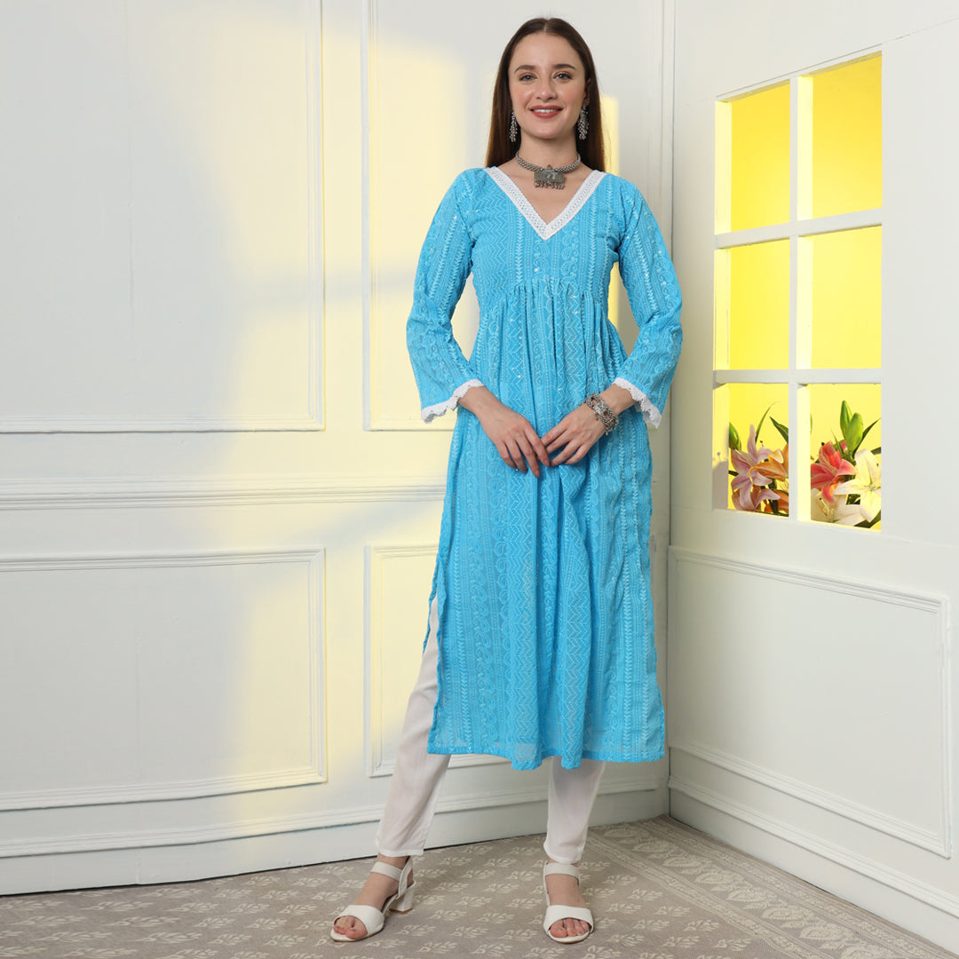 "An elegant A-line kurta featuring intricate ethnic embroidery, blending tradition with contemporary style."