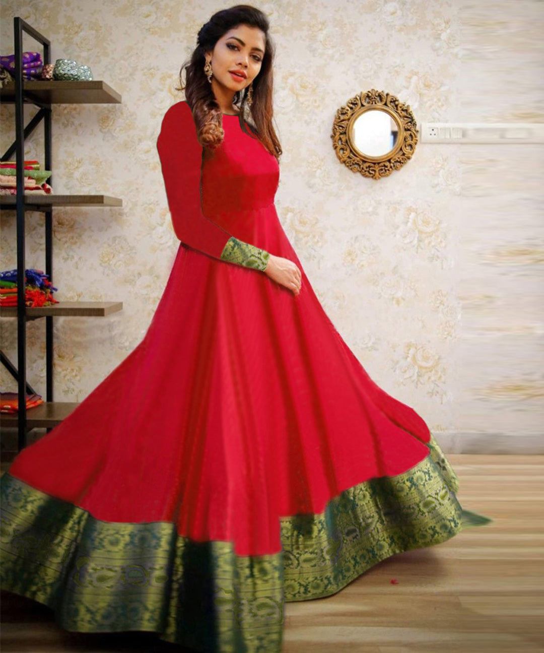 Trendy Red Colored Party Wear Jacquard pure cotton Gown