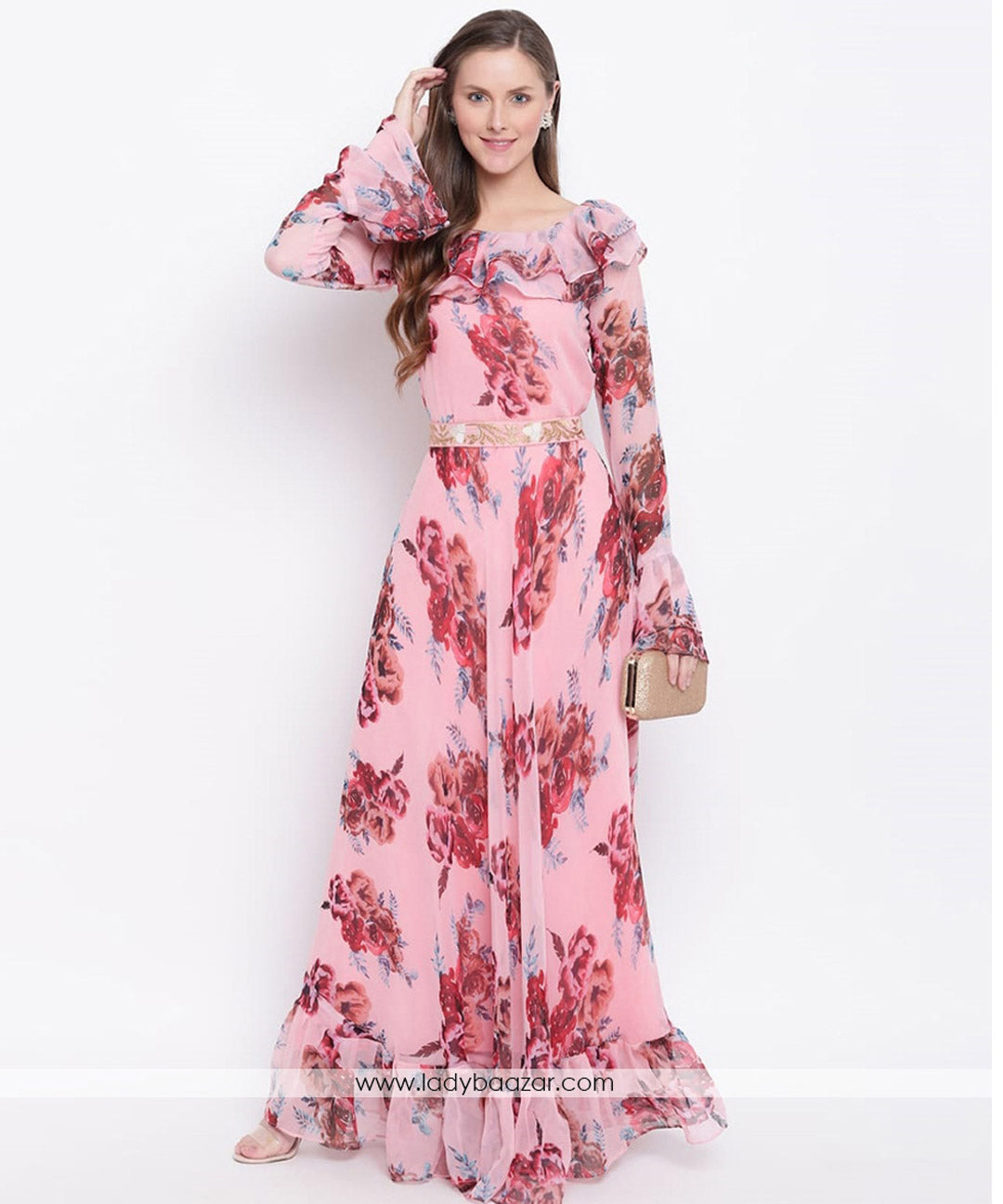 Trendy bell sleeve peach floral printed faux georgette maxi dress, ideal for stylish and casual occasions.