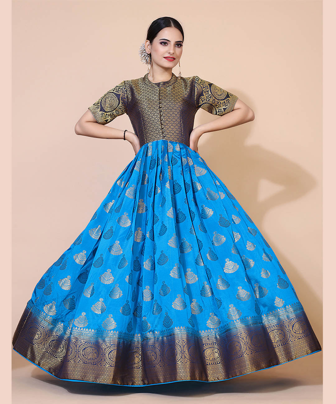 Turquoise blue jacquard maxi dress adorned with ethnic motifs, perfect for cultural and festive occasions.