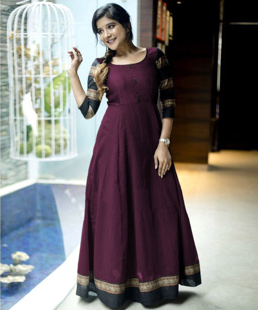 Designer Wine Colored Party Wear Readymade Cotton Gown