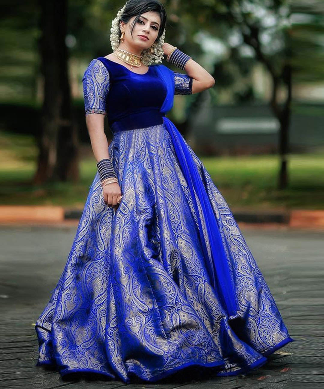 Demanding Royal Blue Colored Party wear Velvet And Jacquard Silk Long Gown