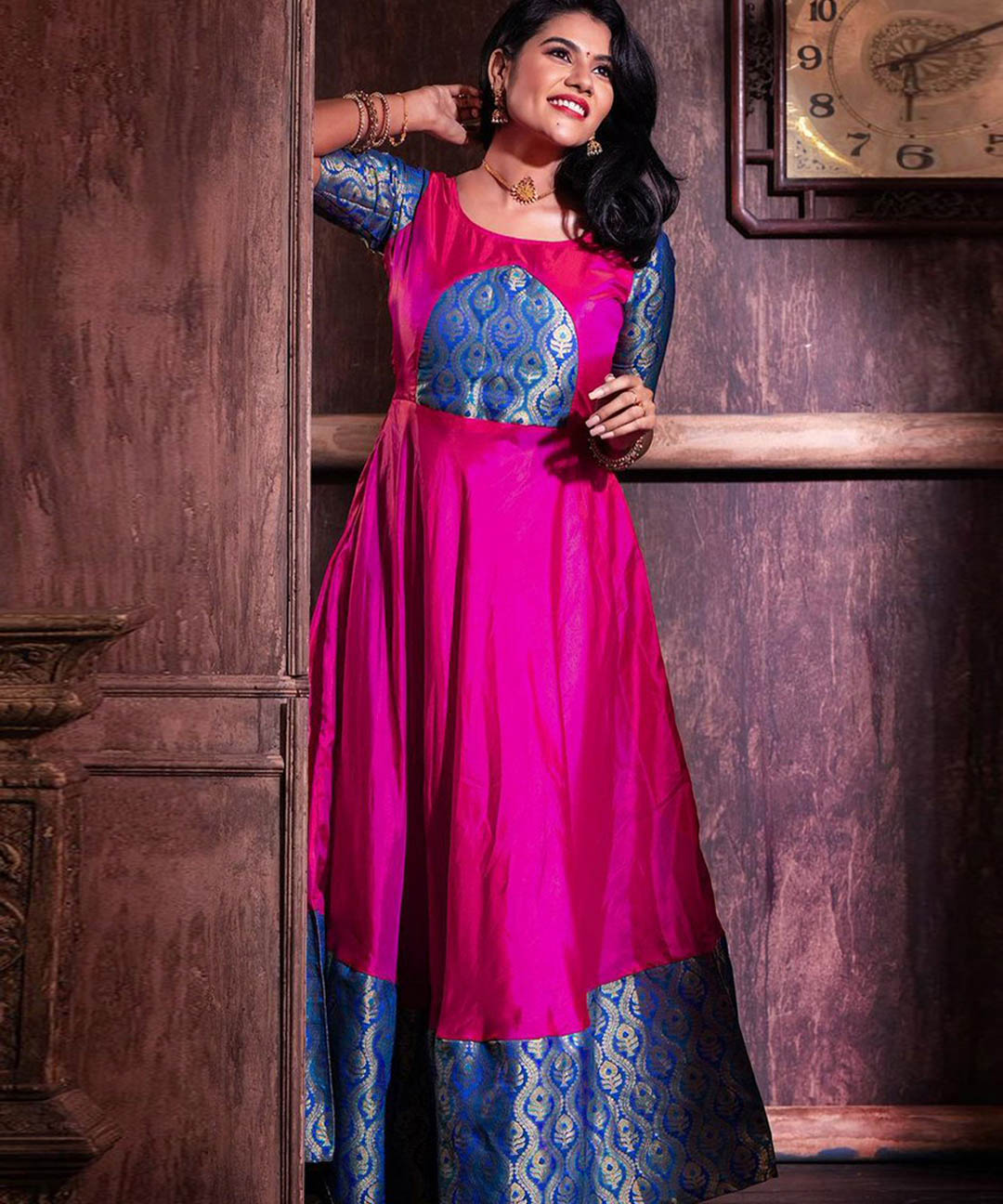 Captivating Magenta Colored Festive Wear Weaving Jacquard Silk Gown