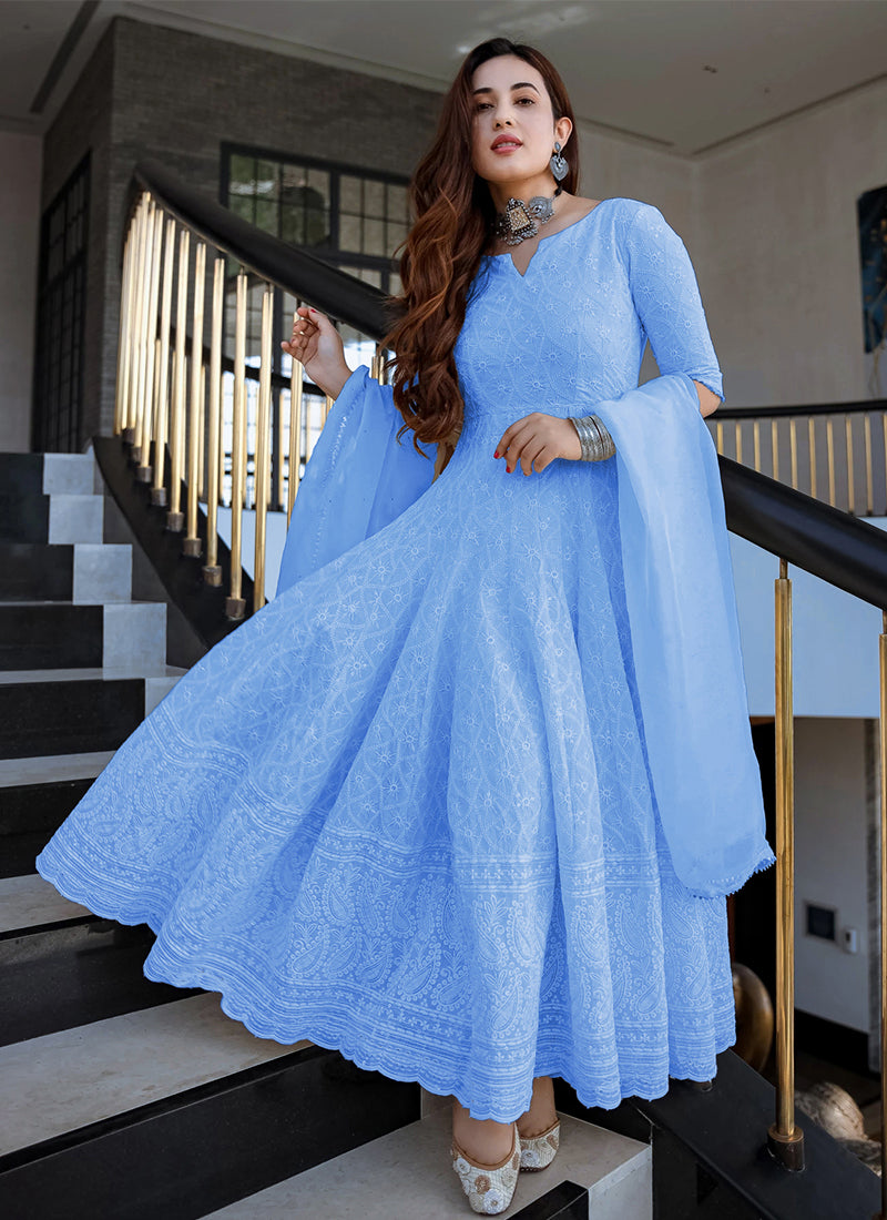 Powder Blue Designer Anarkali Gown In Rayon With Lucknowi Chikankari Embroidery Work