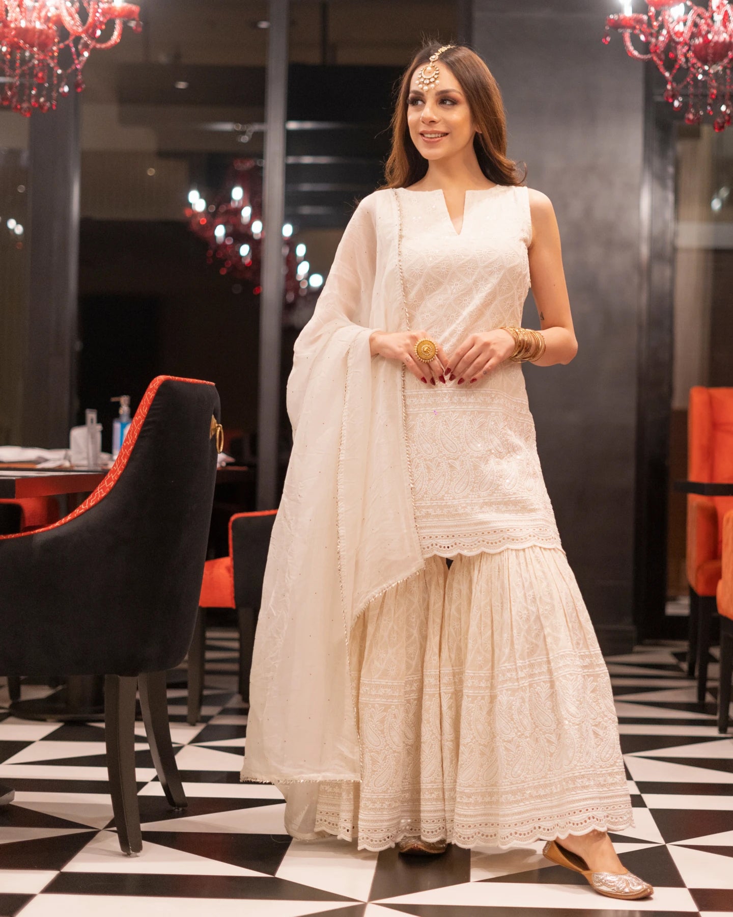 Women Off White Embroidered Kurta with Skirt & With Dupatta