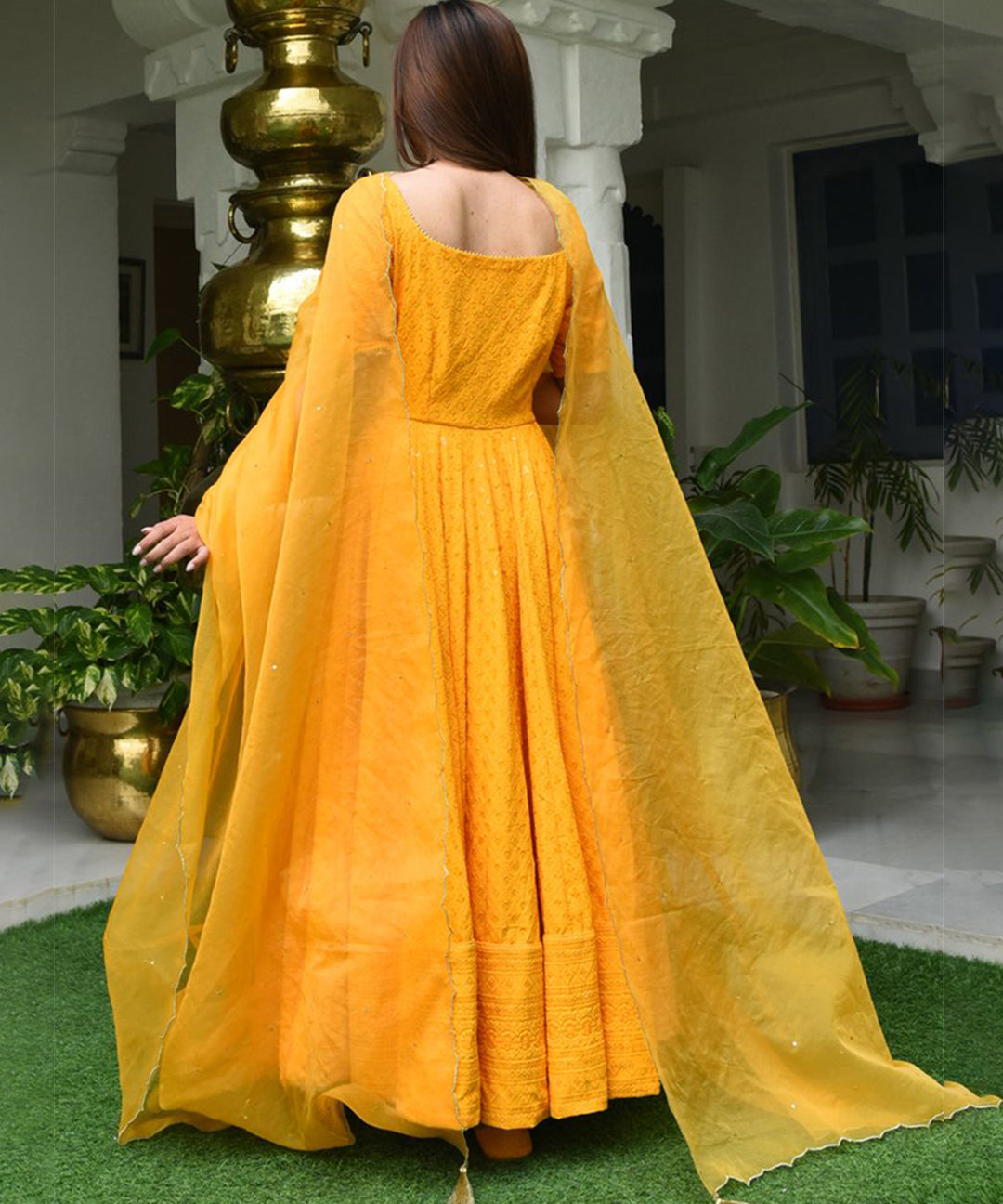 Yellow Designer Anarkali Gown In Cotton With Lucknowi Chikankari Embroidery Work
