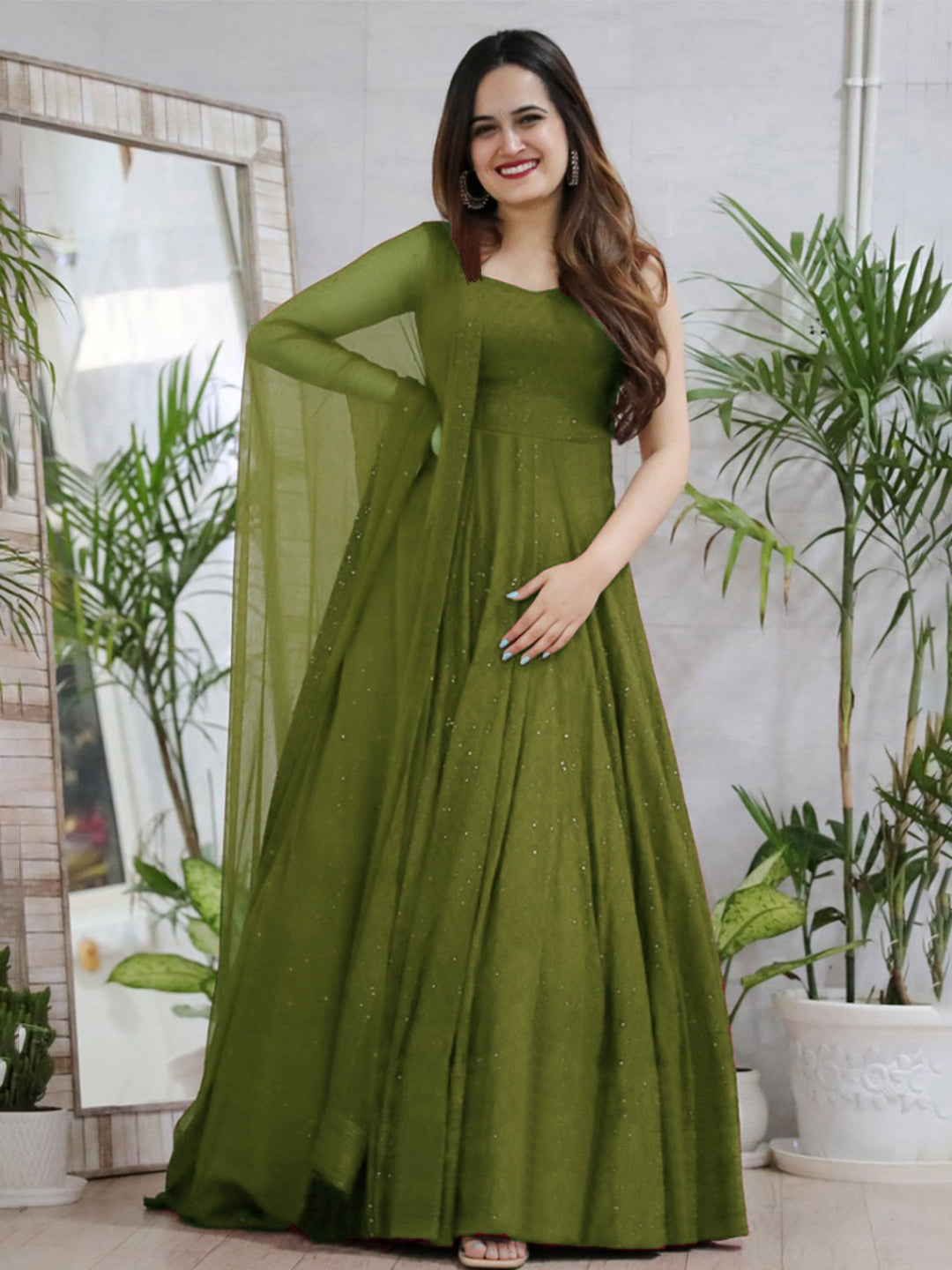 Mehendi Green Anarkali Gown In Rayon With Lucknowi Chikankari Work
