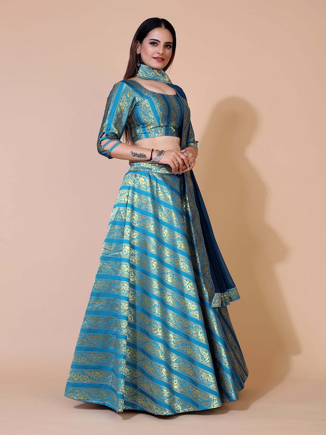 Teal Ready to Wear Lehenga & Blouse With Dupatta