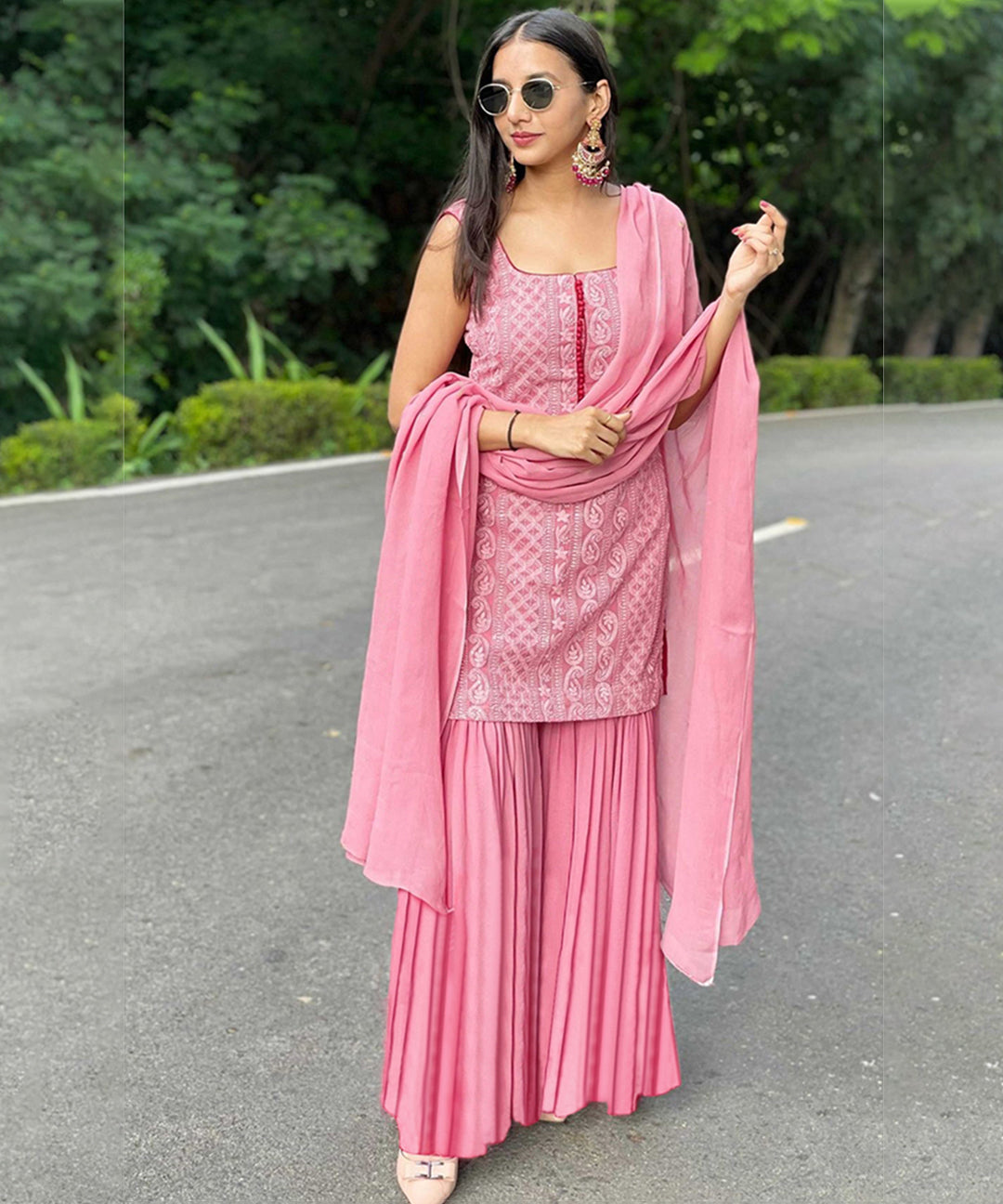Designer Pink Lucknowi Embroidered Georgette Sharara Suit