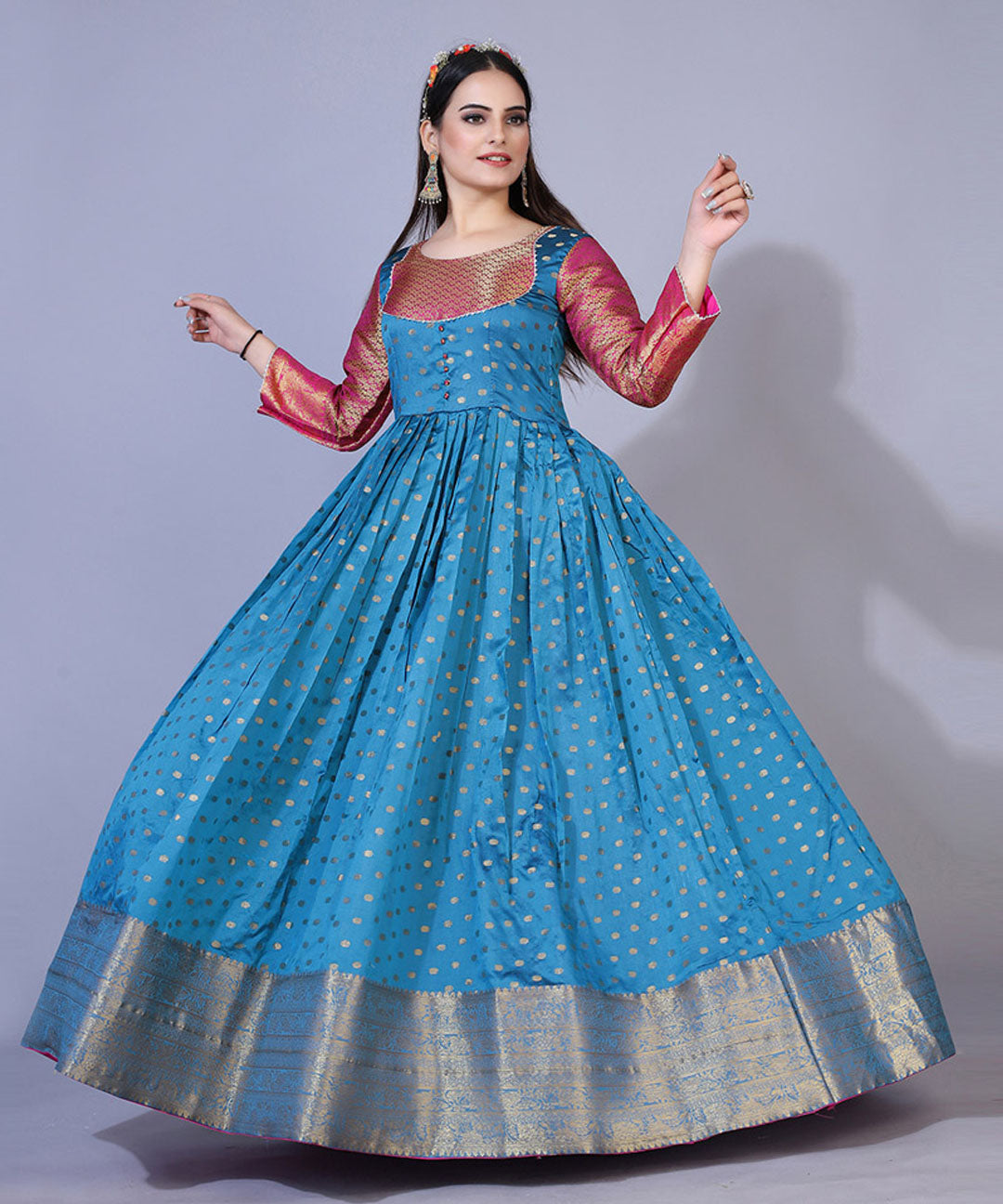 Energetic Teal Blue Colored Partywear Jacquard Gown