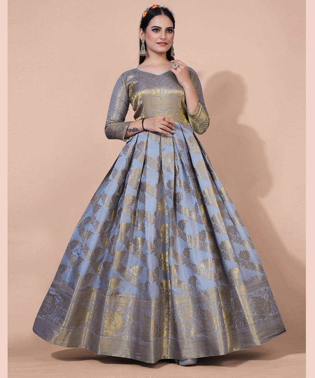 Grey Floral Jacquard Maxi Dress