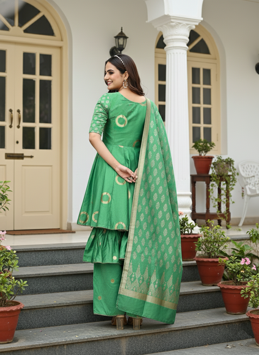 Magnetic Green Designer Wear Woven Sharara Set