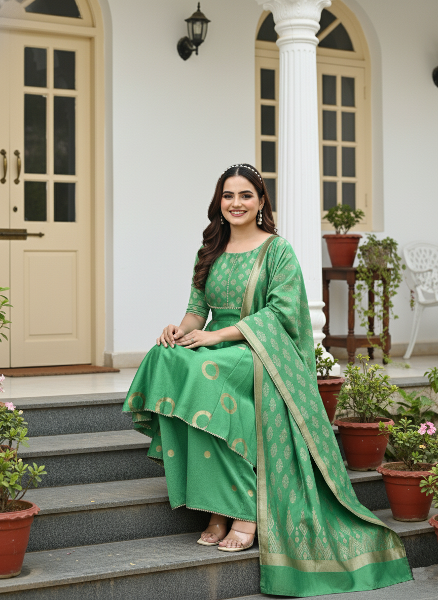 Magnetic Green Designer Wear Woven Sharara Set