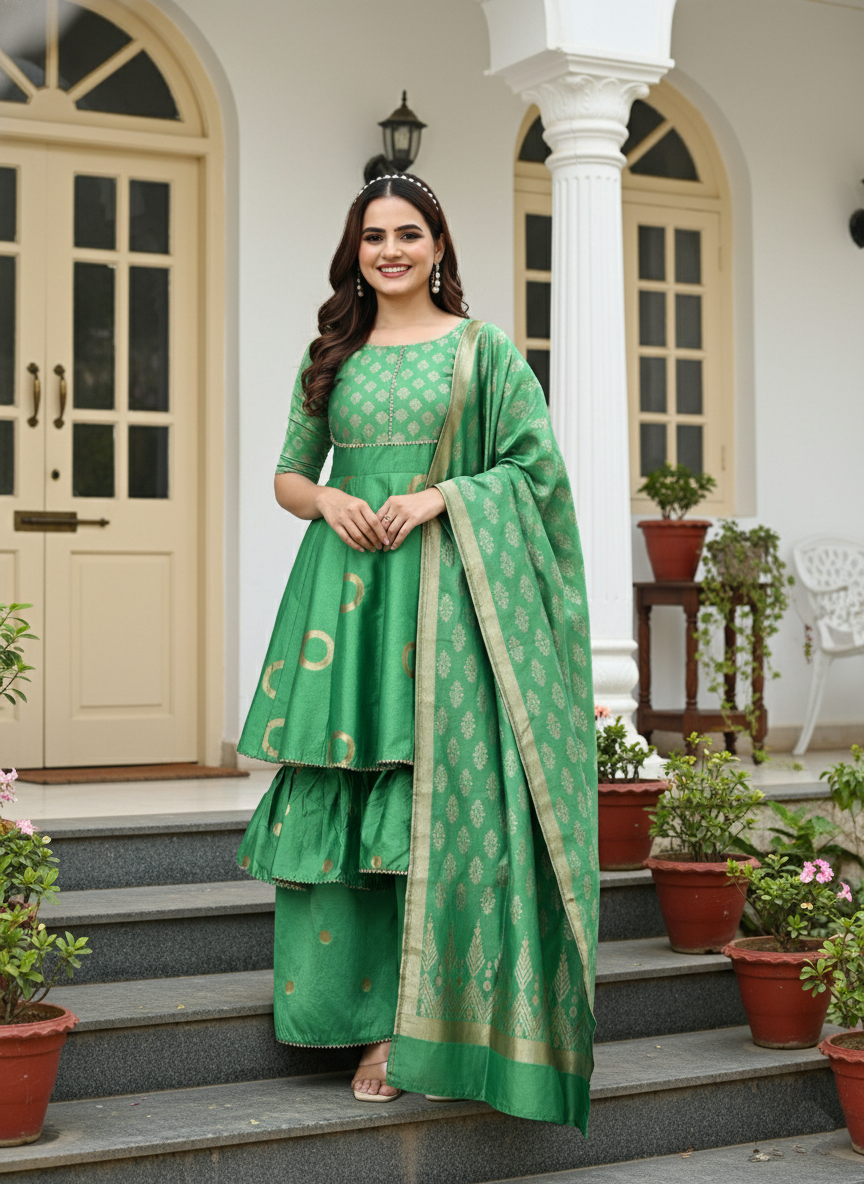 Magnetic Green Designer Wear Woven Sharara Set