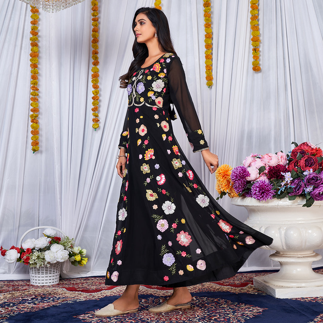 Black Multy Color Embrodiered  Anarkali Gown