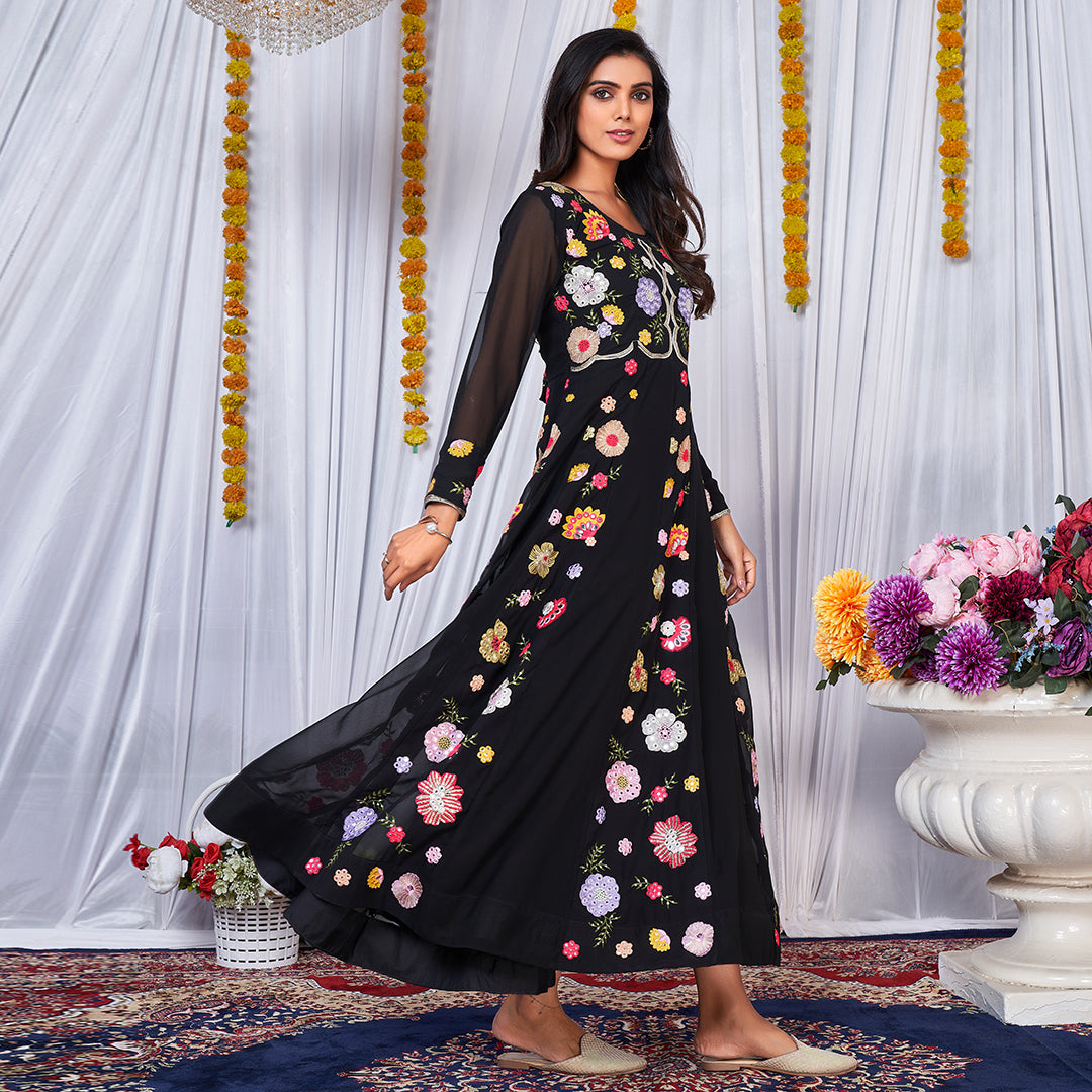 Black Multy Color Embrodiered  Anarkali Gown
