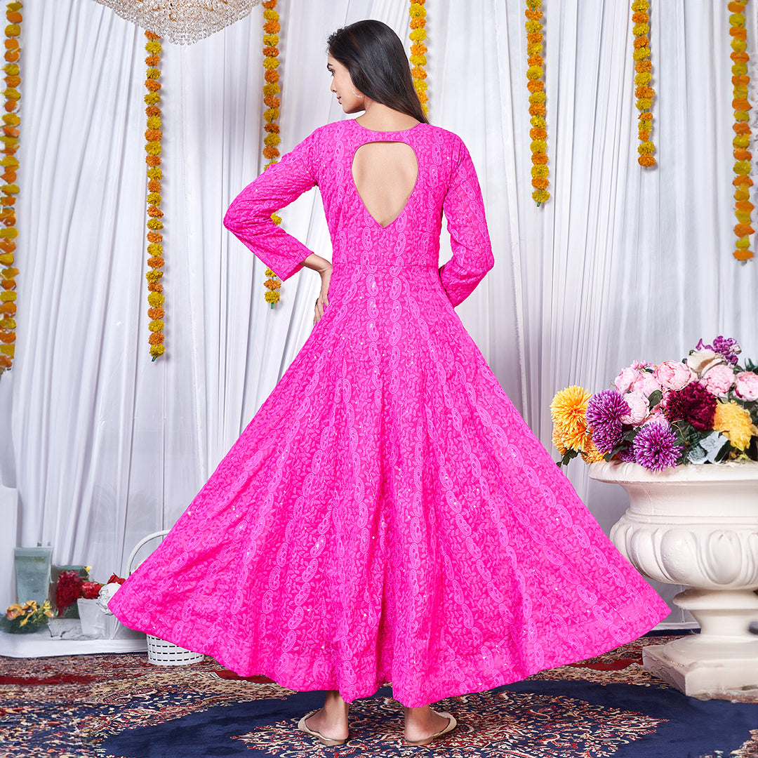 Dark Pink Lucknowi Embroidered Georgette Gown