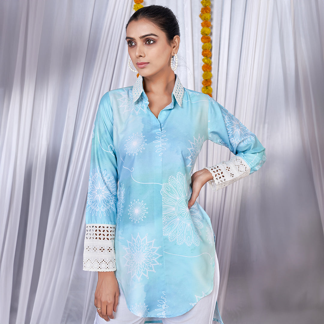 Aqua Blue Printed Up & Down Co-Ord Set