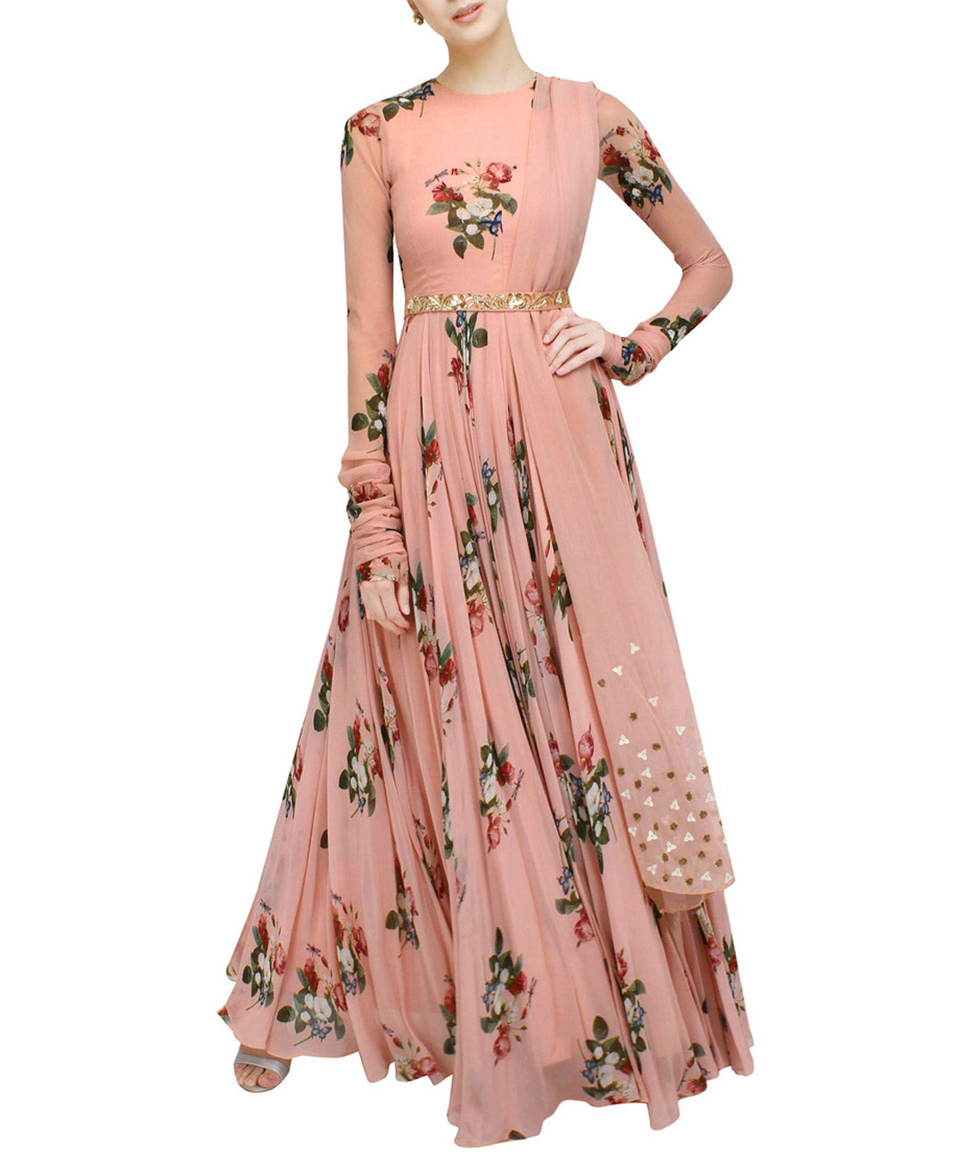 Embroidered Designer Wear Peach Digital Floral Printed Gown