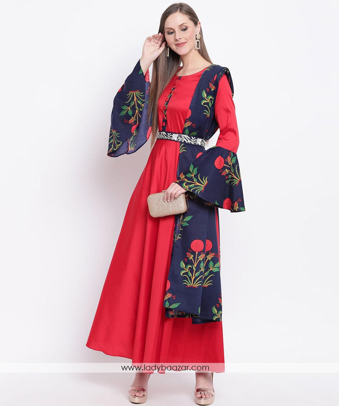Red Silk Bell Sleeves Designer Gown With Printed Dupatta