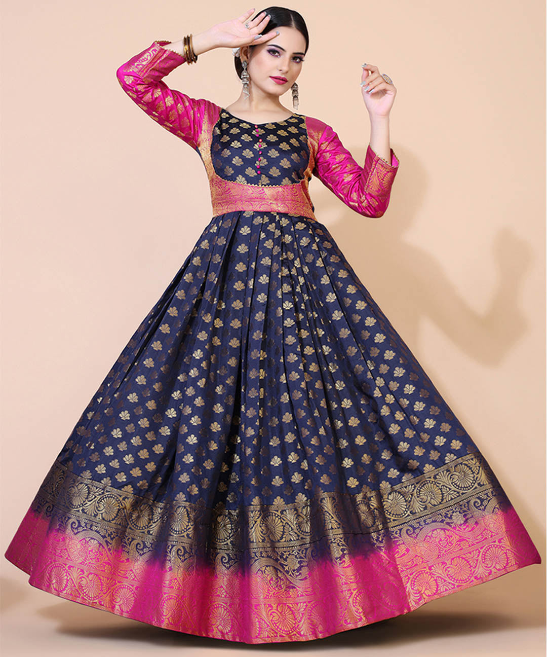 Women's navy blue jacquard ethnic maxi dress adorned with embroidered ethnic motifs, ideal for cultural and festive occasions.
