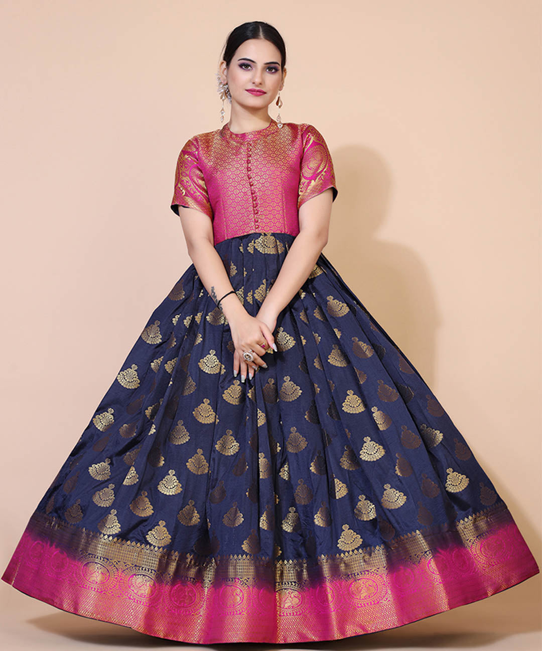 Women's navy blue floral jacquard maxi dress, ideal for elegant and formal occasions with a touch of sophistication.