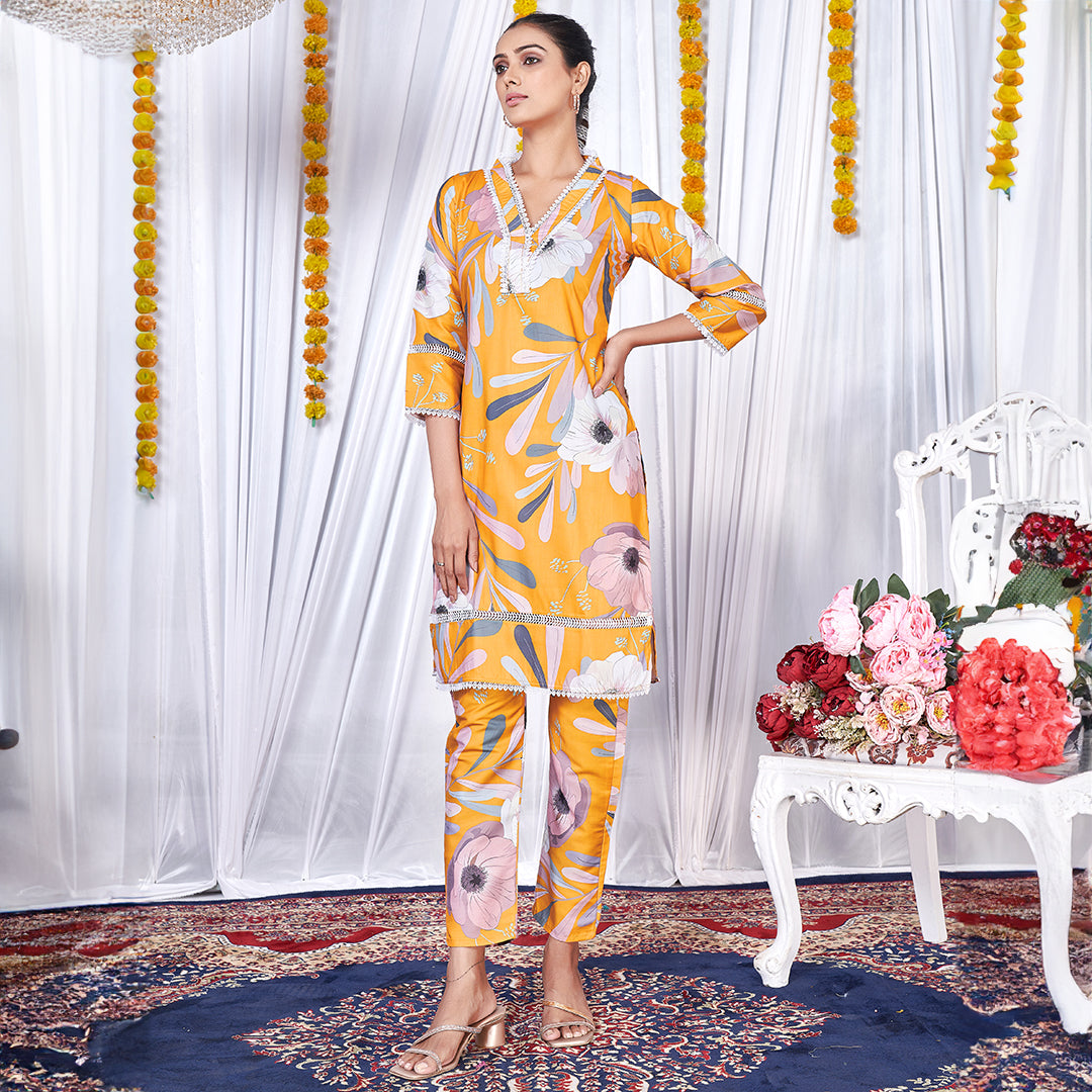 Yellow floral printed co-ord set, a bright and cheerful matching outfit.