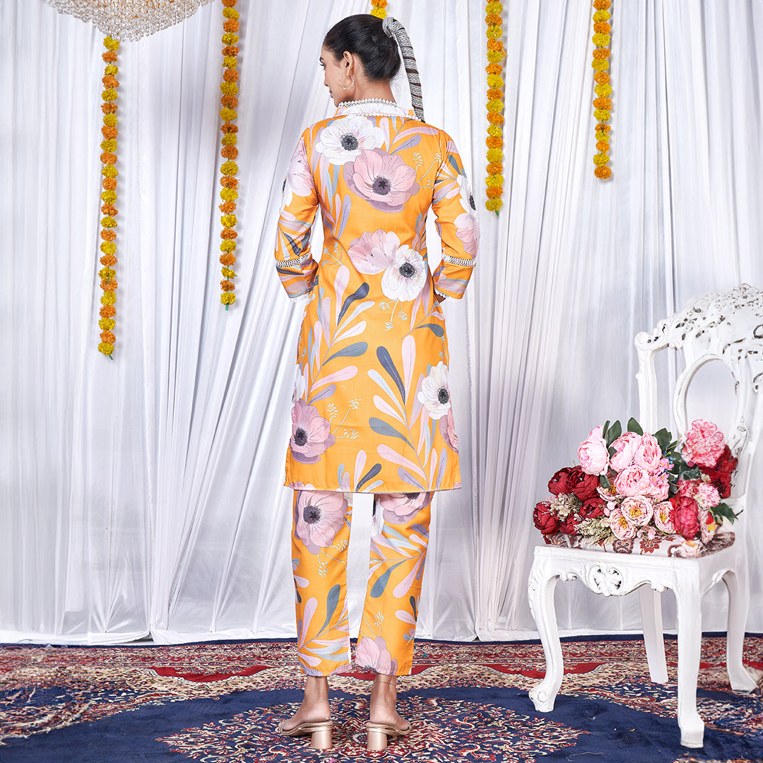 Yellow floral printed co-ord set, a bright and cheerful matching outfit.