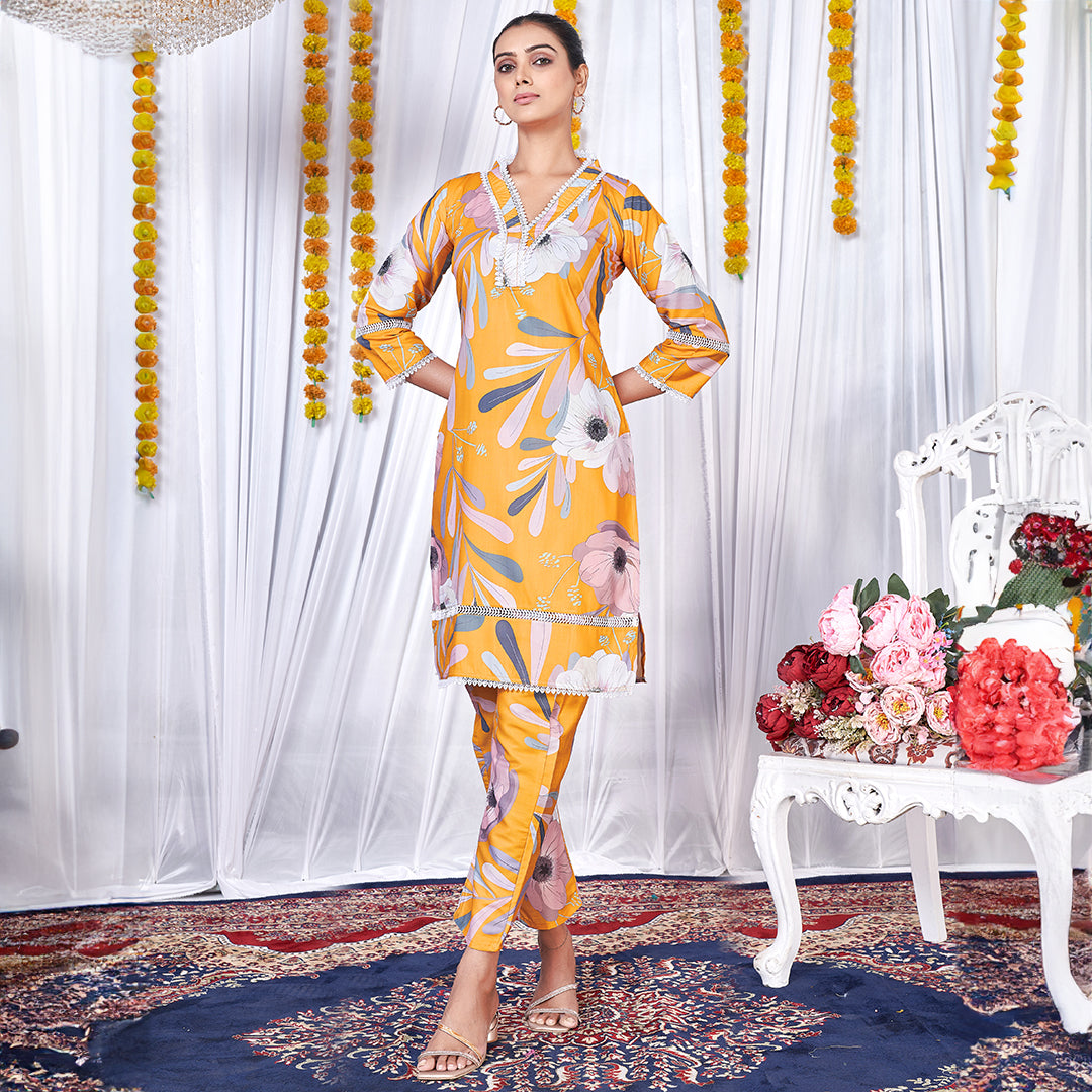 Yellow floral printed co-ord set, a bright and cheerful matching outfit.
